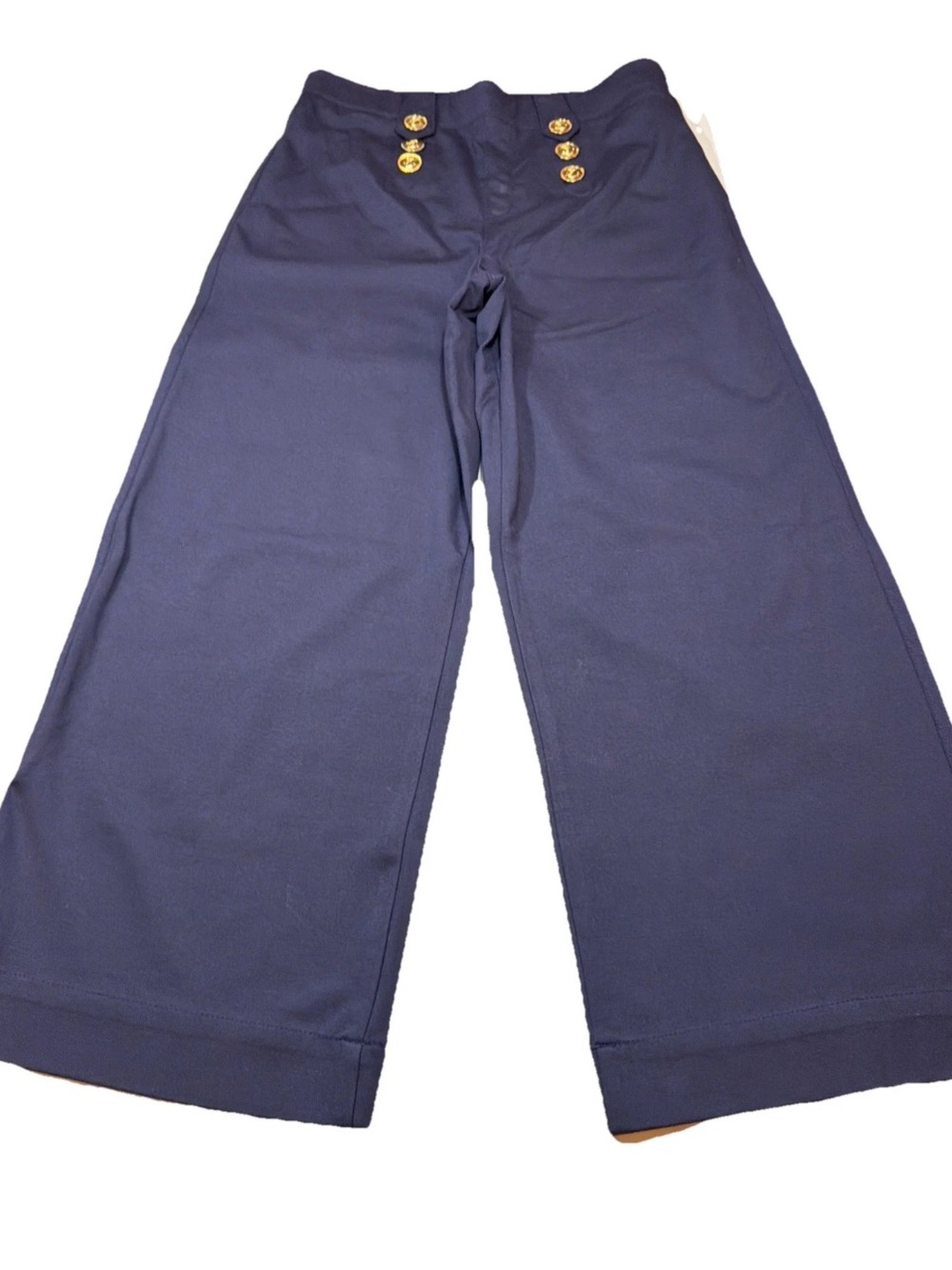 TWRHLL by Christie Brinkley BLUE Knit PANTS MILITARY GOLD Buttons WIDE LEGS LRG